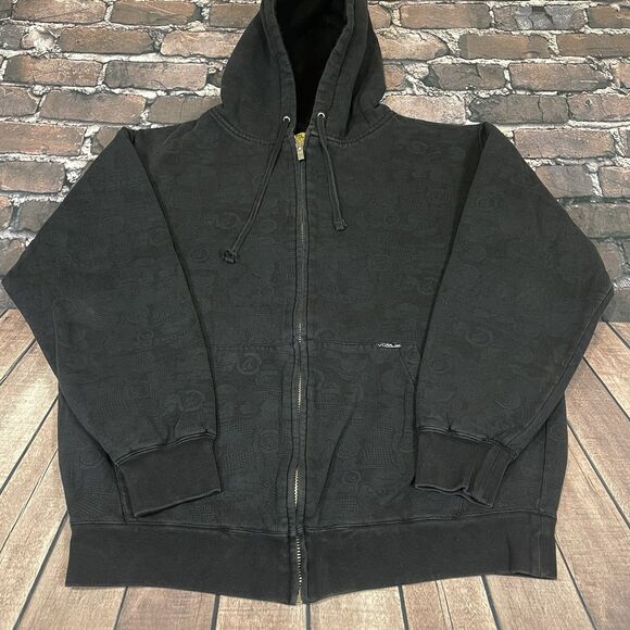 Vintage Y2K Volcom Full Zip Hoodie Men’s Medium Gray AOP Sherpa Lined Skater - Picture 2 of 15